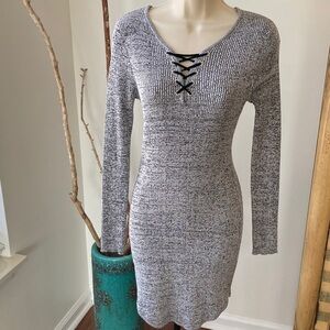 Black and Gray Long Sleeve Midi Dress